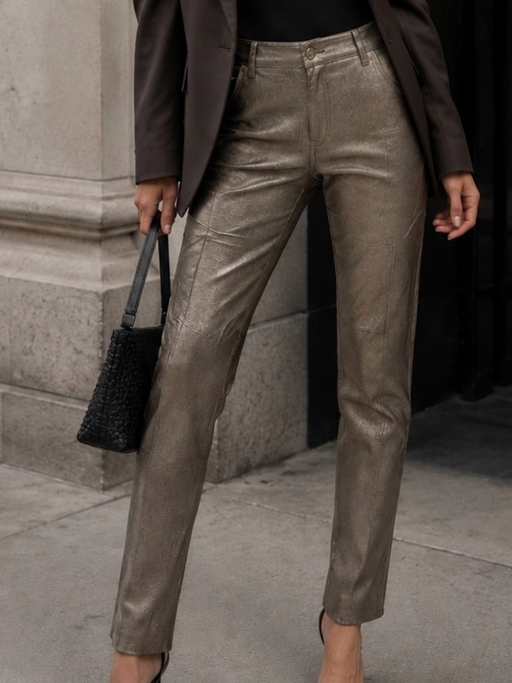 Escada 100% Genuine Lambs Leather ‘Laylah’ Pants in Metallic “Anthracite” Size S